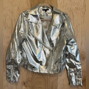HAODUOYI Metallic Silver Leather Jacket